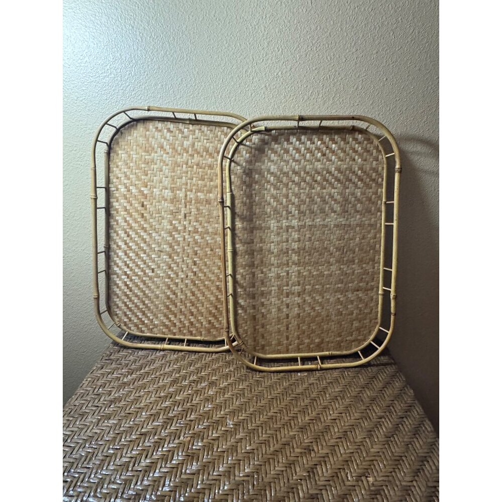 Vintage Wicker & Bamboo Serving Trays  Tiki Bar Set of 2 - Picture 2 of 8
